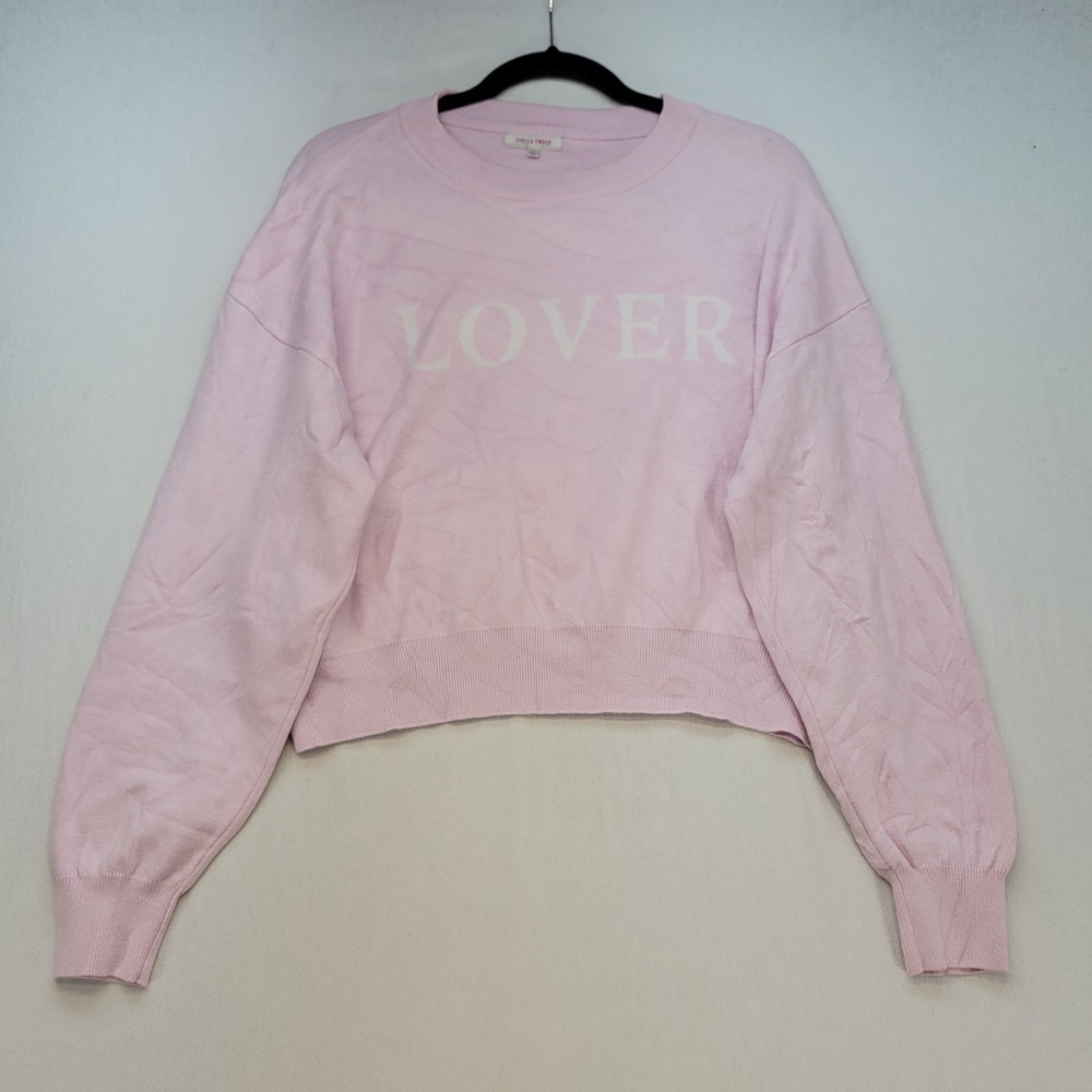 Stella Tweed LOVER Sweater Womens Large Pink Graphic Cropped Knit Pullover